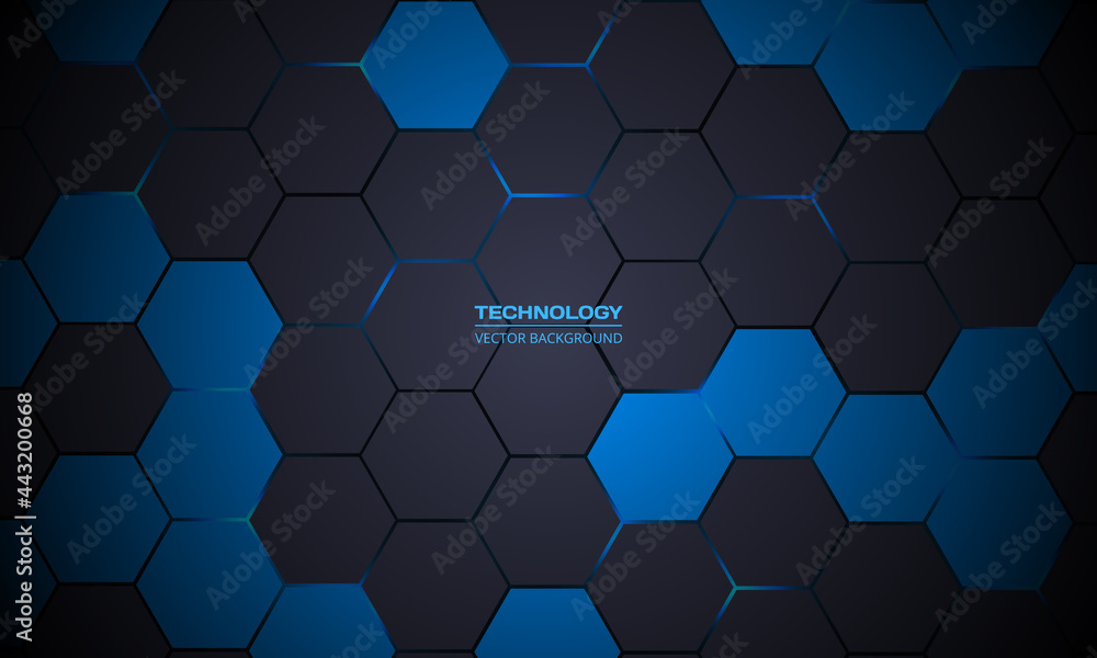 Poster Dark gray hexagonal technology abstract vector background. Blue bright energy flashes under hexagon in futuristic modern technology background vector illustration. Dark gray honeycomb texture grid.