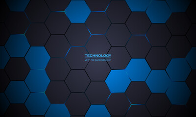Dark gray hexagonal technology abstract vector background. Blue bright energy flashes under hexagon in futuristic modern technology background vector illustration. Dark gray honeycomb texture grid.