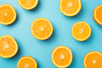 Top view photo of juicy orange slices and water drops on isolated light blue background