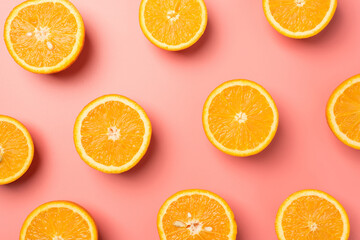 Top view photo of juicy orange slices on isolated light pink background