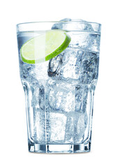 single glass of water with ice cubes and lime isolated on white background