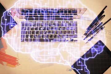 Multi exposure of brain sketch hologram over topview work table background with computer. Concept...