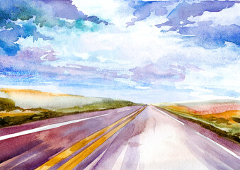 Landscape a road with a dividing yellow stripe in a prairie or plain. Watercolour. Texture. Graphic resources. The banner. Print.