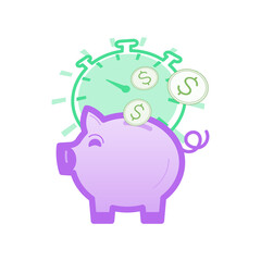 Dollar coins falling into piggy bank with time running stopwatch in the back. Time is money concept. Vector illustration outline flat design style.
