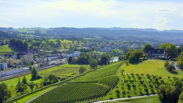 Aerial photography of beautiful town and vineyard in Switzerland