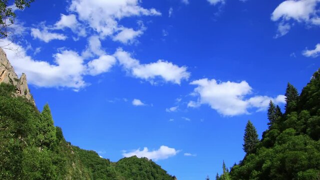 Low-angle of white clouds in blue sky, shot among valley, time-lapse