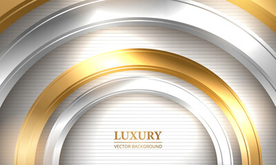 Abstract luxury vector background. Three-dimensional gold and silver circles on striped white background. Vector illustration EPS 10.