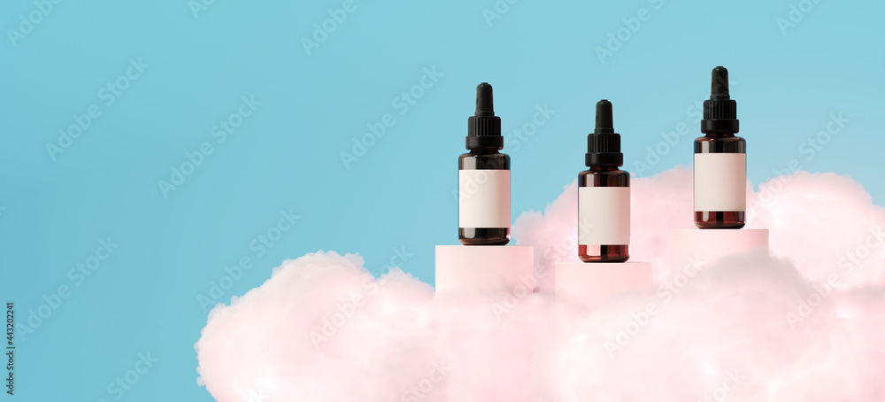Poster minimal abstract background for product presentation. pink cloud and podium on blue sky. 3d render i