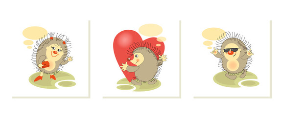Funny hedgehogs. Set. Sticker, badge, sticky label with quote. Lovely happy funny character for telephone correspondence, messages. Vector illustration. 