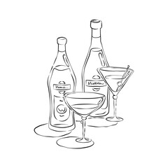 Bottle and glass martini and vermouth together in hand drawn style. Beverage outline icon. Restaurant illustration for celebration design. Line art sketch. Black contour object on white background