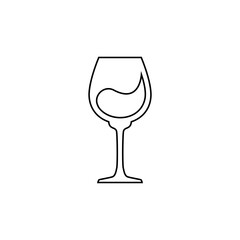 Glass red wine with a drop of drink inside. Contour line art in flat style. Restaurant alcoholic illustration for celebration design. Beverage outline icon. Isolated on white background