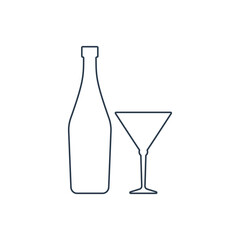 Martini bottle and glassware. Alcoholic drink for parties and celebrations. Simple black line shapes isolated. Illustration on white background. Flat design style for any purposes