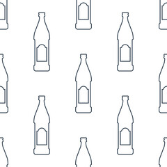 Fototapeta na wymiar Beer bottles seamless pattern. Line art style. Outline image. Black and white repeat template. Party drinks concept. Illustration on white background. Flat design style for any purposes