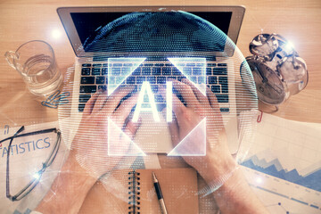 Plakat Double exposure of man's hands typing over computer keyboard and data theme hologram drawing. Top view. Technology concept.