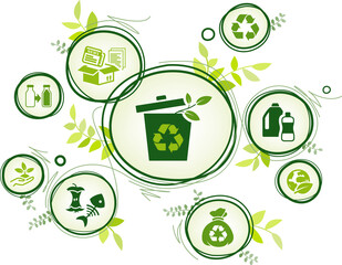 Waste recycle vector illustration. Green concept with icons, leafs and no people related to trash / rubbish separation, reuse & recycling, environmental protection, sustainability, nature conservation