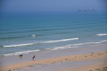 Fototapeta na wymiar people walking dogs on the beach Hayle Cornwall 