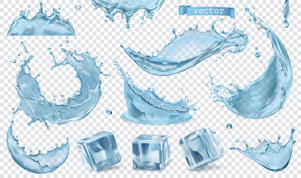Water splash and ice with transparent. 3d vector realistic set of objects