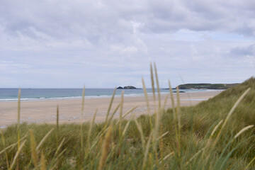 Sand dunes and grass with lighthouse in background cornwall