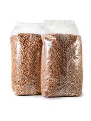 Buckwheat groats in a transparent bag isolated. Blank Packing buckwheat porridge. Template...
