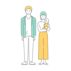 家族　若い夫婦と赤ちゃん　全身