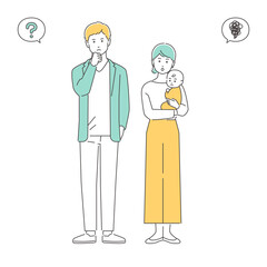 家族　疑問を感じる若い夫婦と赤ちゃん　全身