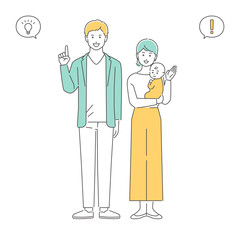 家族　ひらめく若い夫婦と赤ちゃん　全身