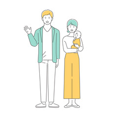 家族　笑顔の若い夫婦と赤ちゃん　全身