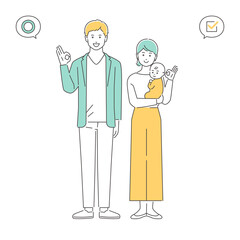 家族　了解する若い夫婦と赤ちゃん　全身