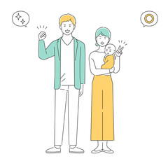 家族　前向きな若い夫婦と赤ちゃん　全身