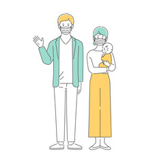 家族　マスク着用の若い夫婦と赤ちゃん　全身