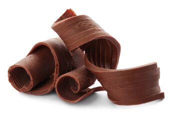 Yummy chocolate curls for decor on white background