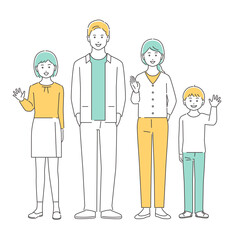家族　笑顔で手を振る夫婦と子どもたち　全身