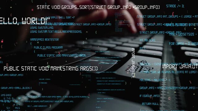 Creative visual of computer programming coding and software development shown by man working on computer keyboard with overlay of computer graphic displaying abstract program codes and computer script