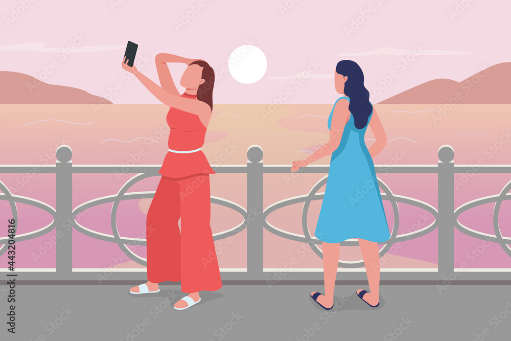 Poster device addiction flat color vector illustration. woman taking selfie on smartphone while friend wait