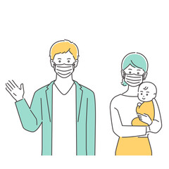 家族　マスク着用の若い夫婦と赤ちゃん　上半身