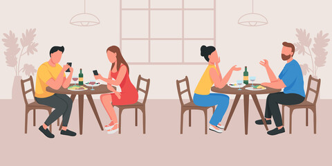 Couples on date in cafe flat color vector illustration. Boyfriend and girlfriend talking at table. Partner with phones. Two group of people 2D cartoon characters with cafeteria interior on background