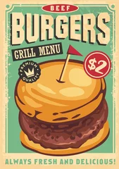 Poster Beef burger graphic on old style poster art. Big hamburger on old paper texture. Fast food menu vector cover design. © lukeruk