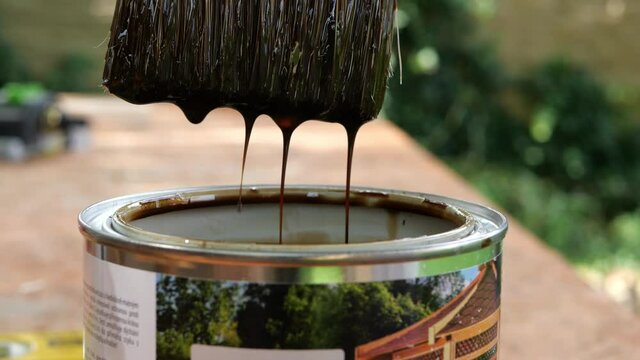 Brush dipped in dark paint that drips off. Close up, colorful background