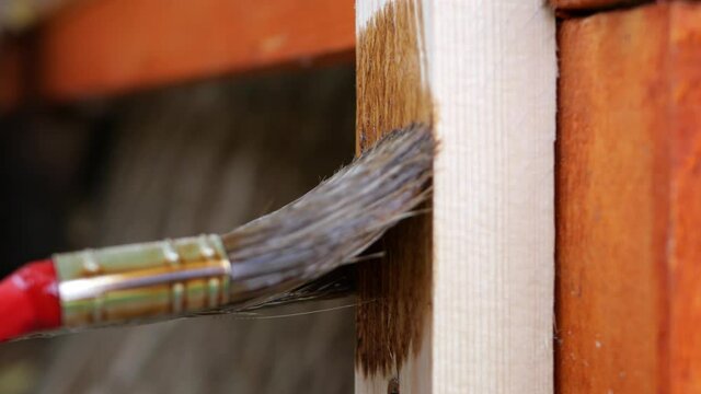 Red paintbrush dipped in dark brown paint color makes trail of paint on soft wood. Close up, bokeh background