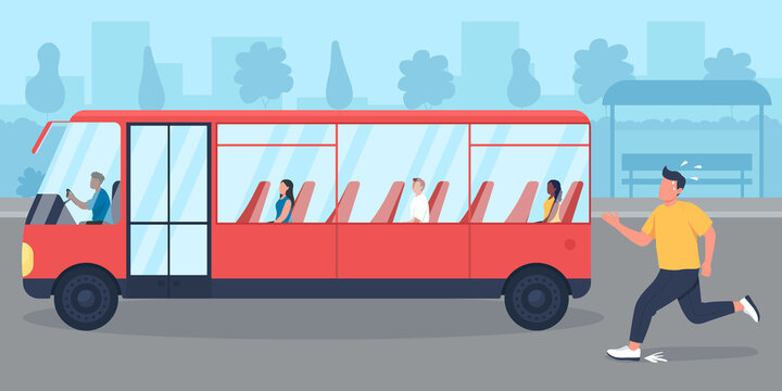 Being late for bus flat color vector illustration. Guy missed transport. Person chasing commuter. Bad habit of being late. Running man in hurry 2D cartoon character with cityscape on background