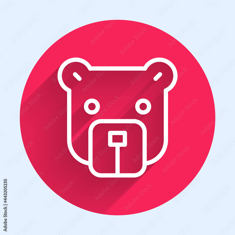 Poster white line bear head icon isolated with long shadow. red circle button. vector