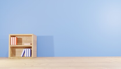 3d background rendering, room with bookshelf filled with books for lessons and note-taking, for web pages, school and library themes, presentations or product pictures and backgrounds