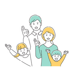 家族　OKポーズの夫婦と小さい子どもたち　上半身