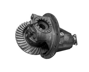 Differential rear axle of the car. Rear-wheel drive truck gearbox on isolated white background. Spare parts. - obrazy, fototapety, plakaty