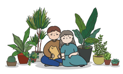 Couple in love. Man and woman sitting on garden, Elderly people during coronavirus outbreak concept. Vector Illustration in flat style.