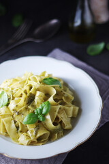 Tagliatelle pasta with pesto sauce