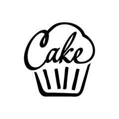 Logotipo con palabra Cake en caligrafía con forma de magdalena con lineas en color negro