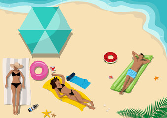 Sunbathing People on the Beach - Top View with Sandy Beach and Sea as Colored Illustration, Vector