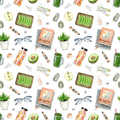 summer essentials watercolor hand-painted seamless pattern. hobbies, foods and drinks.