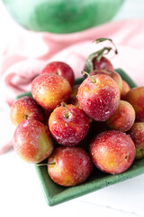 Small, red, ripe plums from the garden just picked from the tree. Delicious and juicy plums. Summer fruit. Still life photography